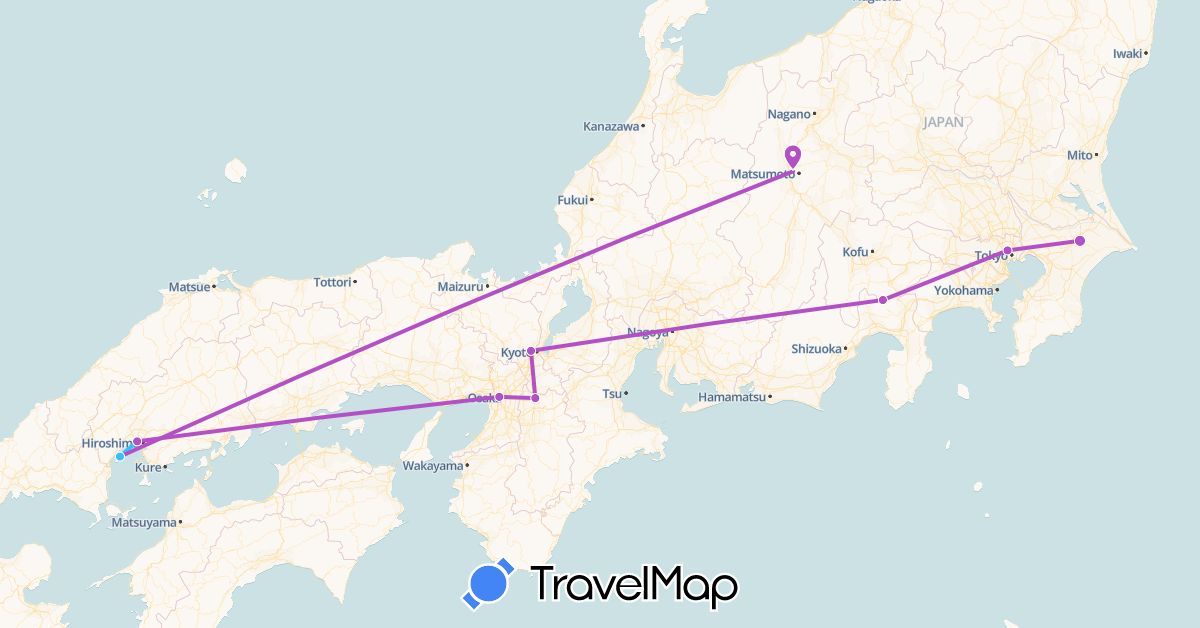 TravelMap itinerary: plane, train, boat in Japan (Asia)